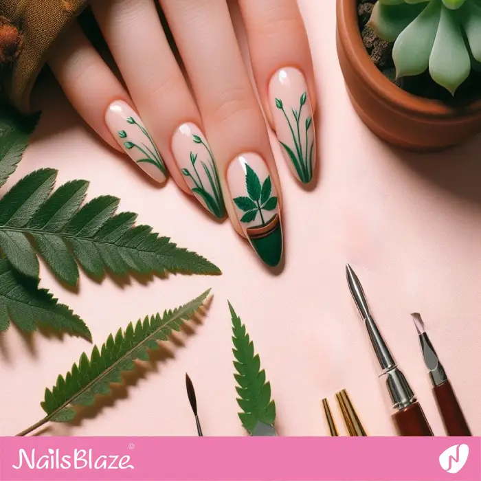Pot Leaf Almond Nails | Nature-inspired Nails - NB2133